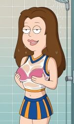 ai_generated american_dad ass bigmic145 bra bra_visible_through_clothes breasts brown_hair cheerleader crop_top female lisa_silver long_hair navel see-through see-through_clothes see-through_clothing skirt solo solo_female tease teasing wet wet_body wet_clothes wet_clothing wet_skin