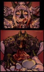 absurd_res aggressive big_breasts blood blood_in_mouth blood_on_face bloodshot_eyes bodily_fluids breasts canid canine cannibalism cruel_pred cruelty death dragon duo fur gore gore_focus grotesque_death guts hard_vore hi_res holding_breast kolkolukija lying mammal mythological_creature mythological_scalie mythology nude nude_anthro nude_female nude_male on_back oral_vore organs predator/prey prey_pov red_background scalie simple_background white_body white_fur wounded