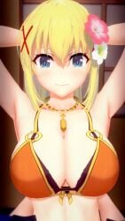 1girls 3d armpits arms_behind_head big_breasts bikini blonde_hair blue_eyes breasts busty cleavage darkness_(konosuba) female female_only hi_res kono_subarashii_sekai_ni_shukufuku_wo! large_breasts long_hair looking_at_viewer orange_bikini ponytail pose posing sensual sexy sexy_armpits sexy_pose smile solo