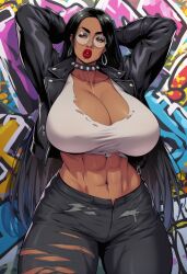 abs ai_generated big_lips bikini black_hair breasts_bigger_than_head brown_eyes circular_glasses cleavage dark-skinned_female female female_focus giant_breasts glasses hands_behind_head human human_female jeans leather_jacket looking_at_viewer muscular_female red_lips ripped_clothing solo spiked_collar studded_jacket tank-top thick_thighs tight_clothing