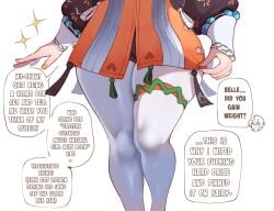 1girls alternate_costume belle_(zenless_zone_zero) brat bratty clothed english_text fat_shaming female head_out_of_frame orange_dress pantyhose shorts shorts_under_dress solo speech_bubble text thiccwithaq thick_thighs white_pantyhose wide_hips zenless_zone_zero
