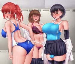 balls bra cum cum_on_ass elbow_gloves erection_under_clothes hakusuifuta huge_breasts penis skirt swimwear thighhighs