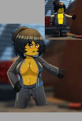 1girl alexx101 angry artist_name beauty_mark big_breasts black_eyes black_hair blurry_background blush edited female female_only flustered_female hair_band huge_breasts hunted_(ninjago) jacket jacket_open lego mostly_clothed ninja ninjago nya_(ninjago) sideboob yellow_skin