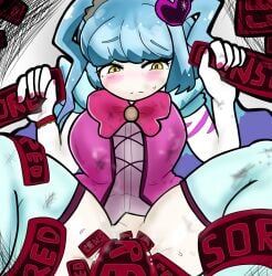 1girls abnormality_(project_moon) arm_tattoo artist_request blue_hair blush bottomless censored_(lobotomy_corporation) clothed damaged_clothes defeated defeated_heroine double_handjob dress feet_out_of_frame female forced forced_handjob frilled_dress gradient_hair hair_ornament handjob heart_hair_ornament legs_held_open lobotomy_corporation magical_girl pale_skin pink_ribbon pink_tattoo project_moon queen_of_hatred rape restrained sex simple_background small_breasts spread_legs stockings sweat tentacle tentacle_penetration tentacle_rape tentacle_sex two_side_up vaginal_penetration yellow_eyes