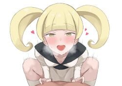 1boy :d absurdres arched_bangs blonde_hair blush breasts breath collarbone commentary_request cowgirl_position dress female furisode_girl_(pokemon) furisode_girl_katherine heart highres implied_sex knees konro_(fztc3774) long_sleeves male motion_lines open_mouth pokemon pokemon_xy pov simple_background smile socks spread_legs straight sweat teeth tongue twintails upper_teeth_only white_background white_dress