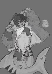 absurd_res anthro aquatic belly big_tail bodily_fluids clothed clothing clothing_lift cum cum_in_sex_toy disembodied_hand ear_markings ejaculation fish genital_fluids genitals ghost_hand hair heart_on_tail hi_res holding_hips holding_wrist humanoid jacket male male/male markings meikoamagii multicolored_hair narrowed_eyes nipples open_mouth pawpads penetrable_sex_toy penis sex_toy shark shirt shirt_lift solo striped_markings stripes tail topwear two_tone_hair vampyreros white_belly
