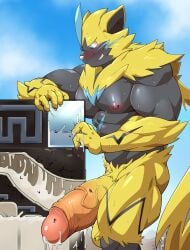 absurd_res after_sex anthro balls big_penis blue_eyes blush bodily_fluids body_worship cum cum_inside destruction excessive_cum excessive_genital_fluids facility felid flooding fur generation_7_pokemon genital_fluids genitals glans grin half-erect hi_res huge_cock humanoid_genitalia humanoid_penis hyper hyper_genitalia hyper_penis internal legendary_pokemon machine macro maldu male mammal milking_machine muscular muscular_anthro muscular_male nintendo nipples pecs penetrable_sex_toy penile penis penis_milking pokemon pokemon_(species) sex_toy smile solo thick_penis yellow_body yellow_fur zeraora