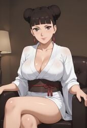 1girls ai_generated alternate_costume arm_support bare_legs bare_thighs big_breasts blunt_bangs blush boruto:_naruto_next_generations bottomless breasts brown_eyes brown_hair cleavage collarbone crossed_legs curvaceous curvy curvy_figure double_bun earrings female female_focus female_only iona_skorp japanese_clothes jewelry kimono living_room looking_at_viewer mature_female milf naruto naruto_(series) no_bra no_panties obi pinup sash sitting sitting_on_sofa slim_waist smile sofa solo tenten thighs yukata
