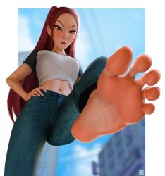 1girls asian asian_female feet feet_fetish feet_focus feet_up female female_only foot_fetish foot_focus korean korean_female long_hair looking_down mean_look mira_(kpop_demon_hunters) mugibunbun netflix redhead redhead_female shirt_tied_around_waist sony_pictures_animation wrinkled_feet wrinkled_soles