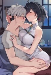 1boy ahoge atelier_(series) atelier_yumia bed black_hair breast_press breasts closed_eyes closed_mouth clothed_sex commentary_request commission eye_contact facing_another female flask grabbing_another's_ass groping hair_ribbon hand_on_another's_back hand_on_another's_chest hand_on_another's_head happy_sex highres implied_sex indoors looking_at_another male medium_breasts messy_hair mole mole_under_eye multicolored_hair red-tinted_eyewear ribbon rutger_arendt shiny_skin shirt short_hair skeb_commission straddling straight sunglasses sweat table tinted_eyewear tsuki_tokage two-tone_hair upright_straddle variant_set white_hair white_ribbon white_shirt wince window yellow_eyes yumia_liessfeldt
