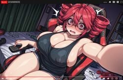 1girls ai_generated bags_under_eyes big_breasts blush breasts embarrassed femcel kasane_teto livestream looking_at_viewer one_breast_out shewwwhore utau youtube