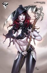 1girls big_breasts black_bra black_cape black_hair black_lingerie black_panties black_stockings blue_eyes bra bracelet breasts busty cape cleavage comic_cover female female_only grey_skin grimm_fairy_tales_zenescope highlights holding_scythe holding_weapon hood keres_(zenescope) large_breasts lingerie lipstick michael_dooney multicolored_hair official_art panties pinup red_hair red_highlights red_lips red_lipstick scythe shackles smile smiling solo standing stockings streaked_hair text ula_mos weapon zenescope