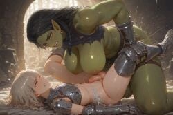 1boy 1futa aggressive ai_generated anal anal_sex armor balls big_breasts blonde_hair breasts broken_armor clenched_teeth defeated dickgirl femboy feminine_male futa_on_femboy futa_on_male futadom futanari futanari_penetrating girly green_skin hannai human human_male intersex kneeling laying_down laying_on_back light-skinned_femboy light-skinned_male light_skin male male_penetrated malesub missionary_position on_back orc orc_futa otoko_no_ko penis ripped_clothing sissy size_difference testicles trap voluptuous_futanari