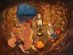 1boy 3girls ass_cleavage ass_visible_through_thighs bandana bare_arms bare_shoulders bare_thighs bike_shorts black_shirt black_socks blue_hair blush breasts brown_hair butt_crack cameltoe cave dawn_(pokemon) drinking female gloves green_eyes hat kasumi_(pokemon) male may_(pokemon) medium_breasts medium_hair midriff moaning open_mouth orange_hair outdoors pokemon pokemon_(anime) pout red_shirt satoshi_(pokemon) sex shirt shoes short_sleeves side_ponytail sitting skirt sleeveless_shirt socks spread_legs squatting suspenders tank_top thighs toiro_gawon watching_sex