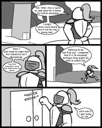 2025 2_toes amphibian anthro armor ass barely_visible_genitalia barely_visible_penis bottomless breastplate caspar_the_frog clothed clothing comic dialogue door feet fist flaccid frog genitals hands_on_hips headgear helmet knocking male outside penis plume shirt short_tail solo tail toes topwear tower ultilix