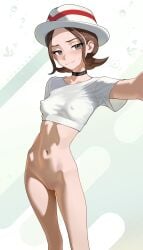 1girls black_choker bottomless brown_eyes brown_hair character_sticker choker closed_mouth clothing covered_erect_nipples cowboy_shot cropped_shirt erect_nipples_under_clothes eyelashes female half-closed_eyes harmony_(pokemon) hat headwear high_resolution looking_at_viewer navel nopan otokakoto paipan pokemon pokemon_(game) pokemon_character pokemon_legends:_z-a portrait protagonist_(pokemon) self_shot selfie shirt short_hair short_sleeves smile solo uncensored uncensored_vagina vagina very_high_resolution white_hat white_headwear white_shirt