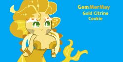 :> big_breasts breasts_out caramelpearl_(artist) cookie_run cookie_run_kingdom exposed_breasts gem_mermaid gold_citrine_cookie green_eyes mermaid mermaid_girl mermaid_tail mermay mermay2025 tagme yellow_hair yellow_tail