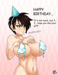 1girls birthday_hat black_hair buff female female_only happy_birthday nude solo text whipped_cream white_skin