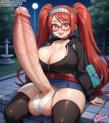 ai_generated big_breasts djxcarline fat_ass futanari gigantic_penis gigantic_testicles outdoors redhair, skirt testicles