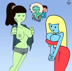 black_hair blonde_hair_female blue_shirt blue_skin booty_shorts brown_hair deep_space_69 gills green_skin groping_breasts groping_from_behind hourglass_figure jay_(deep_space_69) red_dress showing_off_breasts smiling squeezing_breasts_together white_hair white_male