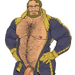 1boy balls bara bare_pectorals beard belly chest_hair commentary_request facial_hair full_beard gaia_(gundam) gundam hairy hands_on_own_hips jiraiya_(mangaka) large_pectorals looking_at_viewer male male_focus male_pubic_hair mecha_pilot_suit mobile_suit_gundam navel nipples pectorals penis_out penis_out_of_frame pubic_hair short_hair simple_background solo testicles unzipped white_background