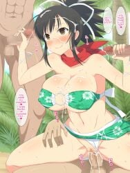 after_sex asuka_(senran_kagura) bikini brown_eyes brown_hair cum english_text floral_print gangbang hair_ribbon handjob large_breasts male paizuri perpendicular_paizuri scarf senran_kagura sex sweat swimsuit text vaginal_penetration yaomai