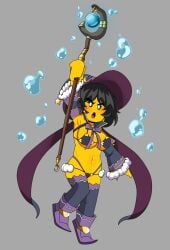 1girl alexx101 artist_name beauty_mark big_breasts bikini bikini_warriors black_eyes black_hair blush female female_only hairband huge_breasts lego midriff mostly_nude_female ninjago nya_(ninjago) ribbon short_hair staff stockings warrior water wizard_hat yellow_skin