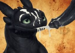 ai ai_generated black_body black_penis black_scales bodily_fluids cum cum_drip cum_in_mouth cum_inside cum_on_face cum_on_penis dragon dripping duo eclipsetheorca ejaculation feral genital_fluids genitals green_eyes headshot_portrait hi_res how_to_train_your_dragon male male/male mythological_creature mythological_scalie mythology night_fury penis portrait scales scalie simple_background toothless western_dragon