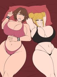 2girls blonde_hair breasts_bigger_than_head bubble_ass chubby_female drakk0v enormous_breasts gigantic_breasts himiko_toga ochako_uraraka pov pov_male thick_ass thick_thighs