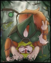 anthro anus awkward blue_eyes clothing dota feet female fur genitals green_clothing hi_res hoodwink_(dota) mammal orange_body orange_fur pussy rodent rope saintmarmo sciurid solo torn_clothing tree_squirrel valve