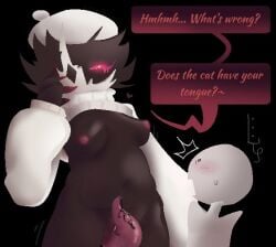 1futa anon black_background black_body black_cum black_skin breasts_out dialogue dialogue_box english_text female folly_(regretevator) futanari intersex looking_at_another precum precum_drip presenting red_eyes red_nipples red_pubic_hair regretevator shirt_lift shirt_up shocked_expression tentacle_dick
