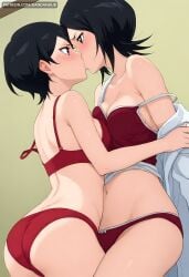2girls ai_generated ass bare_shoulders black_eyes black_hair bleach bleach:_the_thousand-year_blood_war blush boruto:_naruto_next_generations boruto:_two_blue_vortex bow_panties bra breast_press breasts camisole cleavage collarbone dandanhub eye_contact incest kissing kuchiki_rukia kuchiki_rukia looking_at_another medium_breasts multiple_girls naruto naruto_(series) naruto_shippuden navel panties purple_eyes red_bra red_panties sarada_uchiha selfcest short_hair strap_slip sweat uchiha_sarada underwear underwear_only yuri