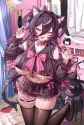 absurdres animal_ear_fluff animal_ears bikini black_bikini black_hair black_thighhighs bra breasts cat_ears cat_girl cat_tail collar commentary cream disco_ball female fingernails frilled_garter frilled_thigh_strap hairband heart heart_o-ring high_heels highres huge_breasts leon_v long_fingernails mask mouth_mask multicolored_hair nail_polish o-ring o-ring_thigh_strap oerba_yun_fang original paw_pose pink_collar pink_hair pink_nails sailor_collar skin_fang skirt smile streaked_hair suggestive_fluid swimsuit symbol-only_commentary tail tail_ornament thigh_strap thighhighs underwear unworn_bra unworn_mask white_skirt