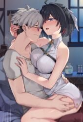1boy ahoge atelier_(series) atelier_yumia bed black_hair breast_press breasts clothed_sex commentary_request commission eye_contact female flask grabbing_another's_ass groping hair_ribbon hand_on_another's_back hand_on_another's_chest hand_on_another's_head happy_sex highres implied_sex indoors looking_at_another male medium_breasts messy_hair mole mole_under_eye motion_lines multicolored_hair purple_eyes red-tinted_eyewear ribbon rutger_arendt shiny_skin shirt short_hair skeb_commission straddling straight sunglasses sweat table tinted_eyewear tsuki_tokage two-tone_hair upright_straddle variant_set white_hair white_ribbon white_shirt window yellow_eyes yumia_liessfeldt