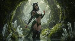 3d 3d_(artwork) 3d_model ai_generated alluring beautiful dungeons_and_dragons eladrin elf fairy green_eyes horn horns leshay7 nature nature_background