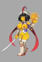 1girl alexx101 artist_name beauty_mark big_breasts bikini bikini_warriors black_eyes black_hair blush boots feather female female_only gem huge_breasts lego midriff mostly_nude_female ninjago nya_(ninjago) short_hair smiling sphere sword yellow_skin