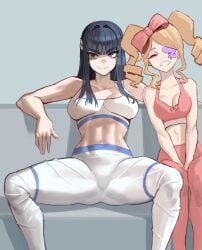 2girls couch crop_top eye_patch eyepatch female female_only harime_nui kill_la_kill kiryuuin_satsuki legs_apart sitting soldat sports_bra yoga_pants