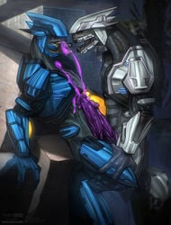 2boys absurd_res alien armor bodily_fluids closed_eyes colored_cum cum cum_on_self duo erection frottage gay genital_fluids half-closed_eyes halo_(series) hi_res looking_pleasured male male_only male_sangheili_(halo) microsoft muscular orgasm penis purple_cum sangheili sex todex unusual_cum video_games xbox_game_studios