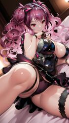 1girls ai_generated bed bedroom black_dress black_panties breasts dress female female_only goddess_of_victory:_nikke hair_between_eyes huge_breasts large_breasts lying lying_on_bed pale-skinned_female pale_skin panties papillon_(nikke) pink_hair red_eyes spread_legs twintails wavy_hair