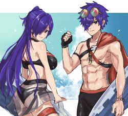 1boy 1girls abs alternate_costume ass bare_shoulders big_ass bikini black_bikini black_choker black_swimsuit breasts choker dual_persona female fire_emblem fire_emblem:_three_houses fire_emblem_heroes fire_emblem_warriors:_three_hopes flower hair_bun hair_flower hair_ornament hair_over_one_eye highres large_breasts leon0630claude long_hair looking_at_viewer male multiple_persona nintendo official_alternate_costume purple_eyes purple_hair see-through see-through_skirt shez_(female)_(fire_emblem) shez_(female)_(summer)_(fire_emblem) shez_(fire_emblem) shez_(male)_(fire_emblem) shez_(male)_(summer)_(fire_emblem) single_hair_bun skirt stomach swimsuit white_background white_flower