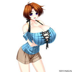 1girls arisugawa_chisato atelier_kaguya_honky-tonk_pumpkin big_breasts blue_clothing brown_hair brown_shorts game_cg gigantic_breasts huge_breasts kurasaki_minato orange_bra purple_eyes shabura_rental short_hair solo