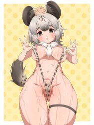 animal_ears belt black_eyes blush border breasts commentary_request drias extra_ears female grey_hair highres hyena_ears hyena_girl hyena_tail kemono_friends large_breasts looking_at_viewer navel scarf short_hair simple_background slingshot_swimsuit solo spotted_hyena_(kemono_friends) swimsuit tail white_border yellow_background