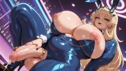 ai_generated barghest_(gawain)_(fate) belly big_penis black_lipstick bunny_ears bunnysuit chubby cock_ring female futa_only futanari hand_on_penis heart-shaped_pupils heterochromia huge_breasts leaking_cum looking_at_viewer thicc