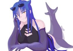 1girls abs athletic athletic_female blue_hair clothed female hands_behind_head koo0510 mako_(monster_girl_island) mermaid mershark monster_girl monster_girl_island muscular muscular_female orange_eyes pokies shark_girl shark_humanoid toned toned_abs toned_female