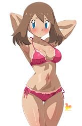 1girls absurd_res alluring arms_behind_head bikini blue_eyes blush brown_hair cleavage closed_mouth collarbone commentary_request cowboy_shot eyelashes female female_only hands_up high_res looking_at_viewer may_(pokemon) medium_hair metaminegl navel nintendo pink_bikini pokemon pokemon:_lucario_and_the_mystery_of_mew pokemon_(anime) pokemon_rse_(anime) side-tie_bikini_bottom simple_background smile solo solo_female spanish_commentary swimsuit watermark white_background