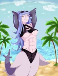 1girls abs athletic athletic_female blue_hair clothed female hands_behind_head koo0510 mako_(monster_girl_island) mermaid mershark monster_girl monster_girl_island muscular muscular_female orange_eyes pokies shark_girl shark_humanoid toned toned_abs toned_female