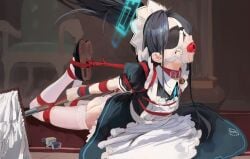 240mmap aris_(blue_archive) aris_(maid)_(blue_archive) ball_gag belt_collar black_blindfold black_dress black_shoes blindfold blue_archive blue_halo bondage bound breasts collar commentary crying crying_with_eyes_open dress female gag gagged garter_straps halo highres kei_(robot)_(blue_archive) long_hair maid maid_headdress mop official_alternate_costume panties pink_eyes puffy_short_sleeves puffy_sleeves rectangular_halo red_collar restrained saliva_drip shoes short_sleeves small_breasts tears thighhighs underwear white_panties white_thighhighs young