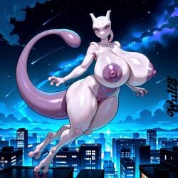 ai_art ai_generated anthro ass big_ass big_breasts breasts female female_only flying furry mewtwo naked naked_female night_sky nude nude_female pokemon pokemon_(species) purple_skin seductive seductive_look seductive_smile stars thick_thighs wulf8