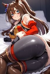 ai_generated animal_ears artist_request ass ass_focus blue_eyes brown_hair el_condor_pasa_(umamusume) from_behind horse_ears horse_girl horse_tail legs looking_back pantyhose smile smirk sweat sweaty_ass sweaty_body umamusume umamusume_pretty_derby