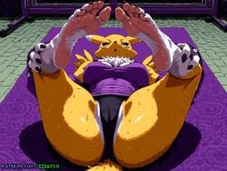 ai_generated barefoot digimon feet foot_fetish foot_focus furry furry_only gigatsu panties pixel_art renamon seductive seductive_pose sole_female soles spread_legs toes workout workout_clothes yellow_fur